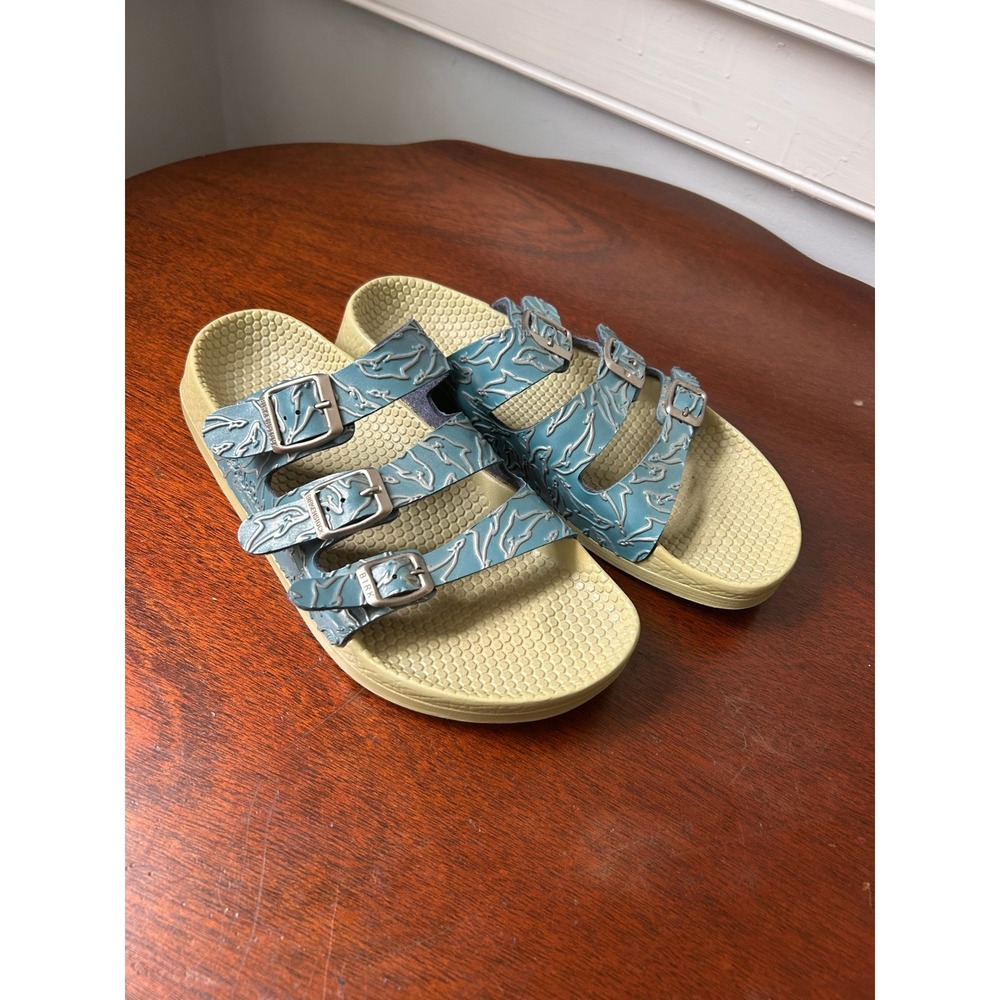 Birkenstock Florida Blue Dolphin Print Three Strap Slide Sandals Womens 40 L9